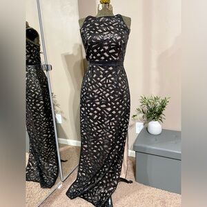 Cache Black Sequin Mesh Overlay Sheath Bodycon Evening Gown Maxi Dress Prom